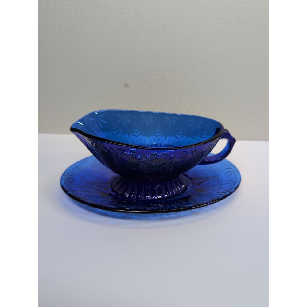 Vintage Arcoroc France Cobalt Blue Glass Gravy Boat With Unattached Underplate